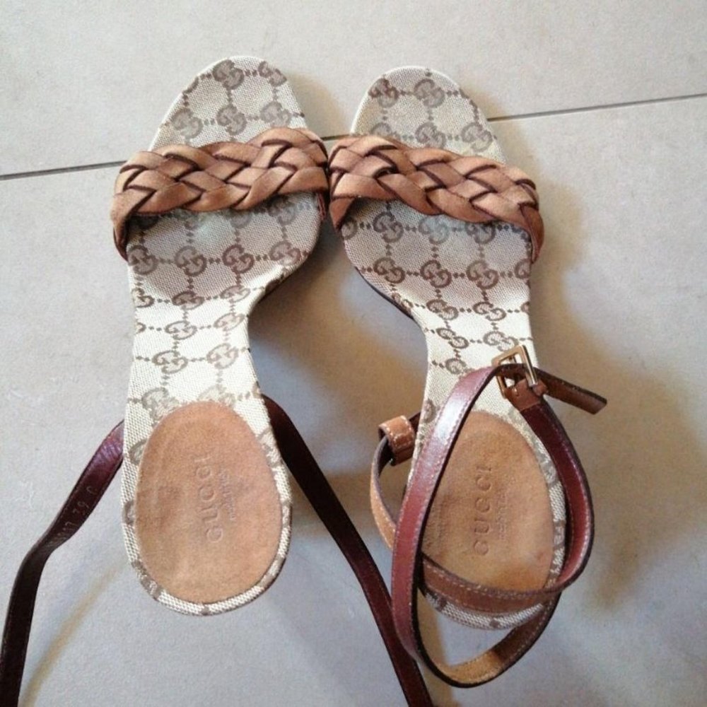 Authentic Gucci Monogram And Leather Platform San… - image 2